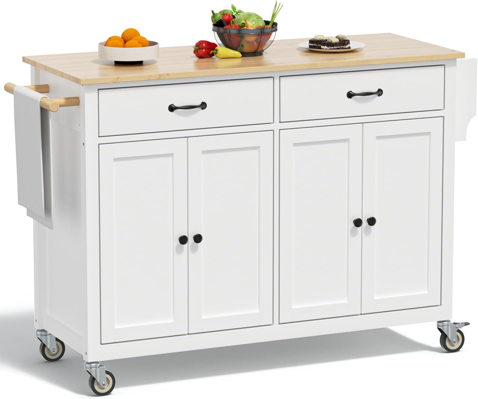 Rovibek Kitchen Island on Wheels Large in Rolling Island Wood Mobile Portable Kitchen Islands White with Drawers Cabinet Spice Rack Towel Rack Storage Pure White