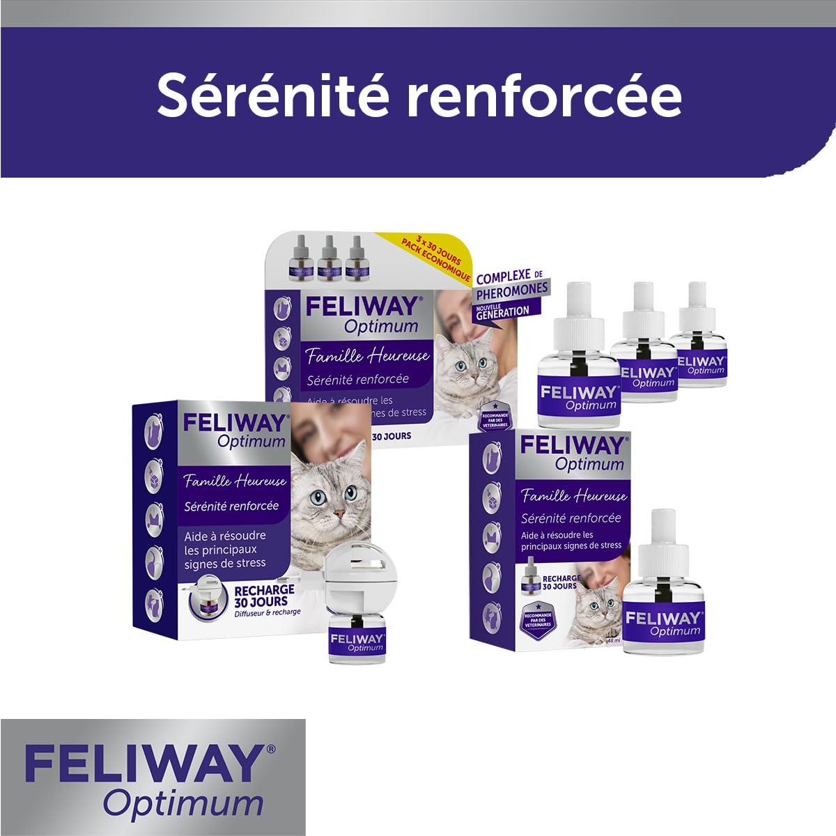 FELIWAY Optimum - Antistress per gatti, complesso di feromoni lenitivi per una serenità rafforzata, confezione economica 3 ricariche (3 x 30 giorni)