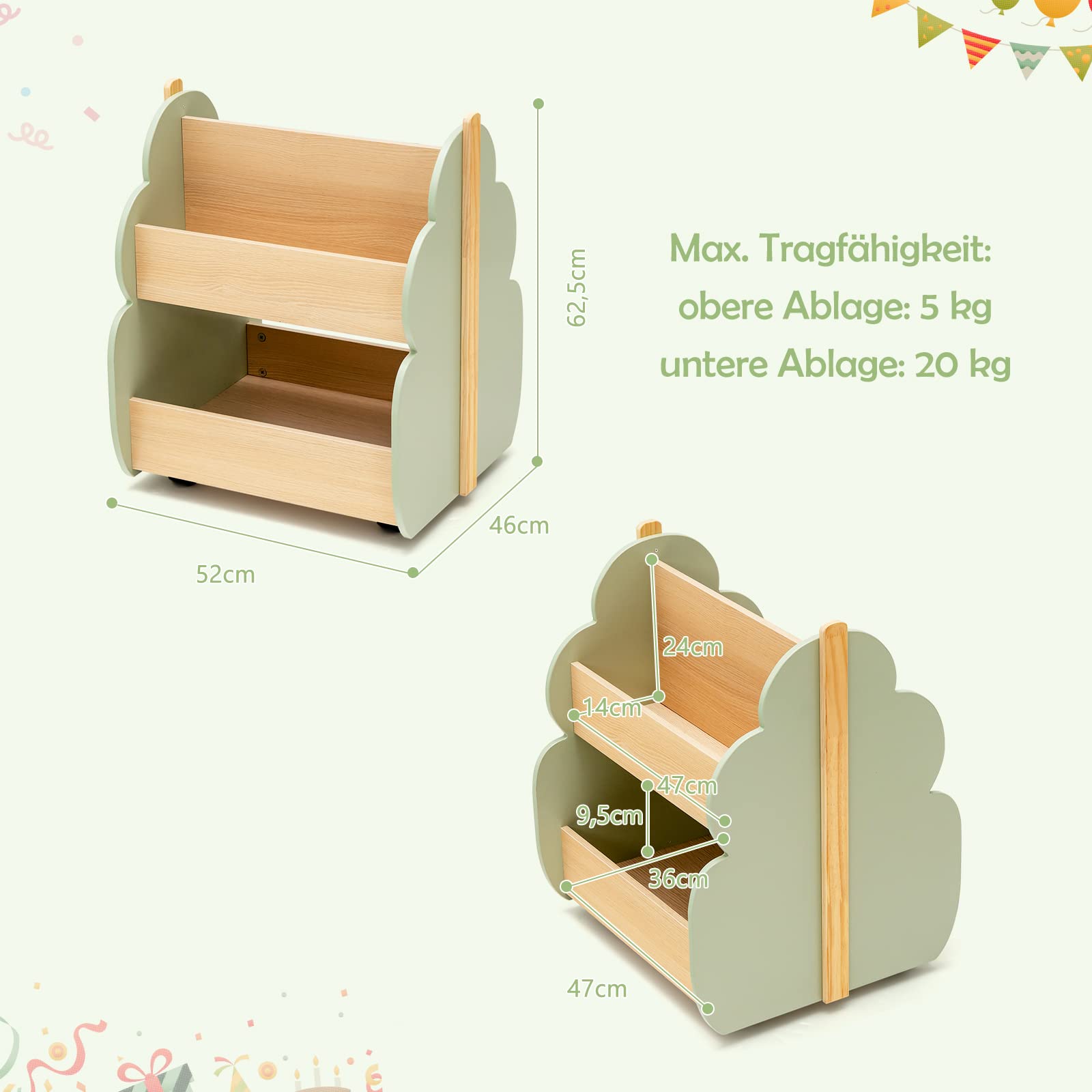 DREAMADE Kinder Bücherregal Kinderregal mit 3 offener Ablage, Spielzeug-Organizer, Spielzeugkiste mit Räder für Bücher und Spielzeug, für Kinderzimmer & Kindergarten 52x46x62,5 cm (Grün)