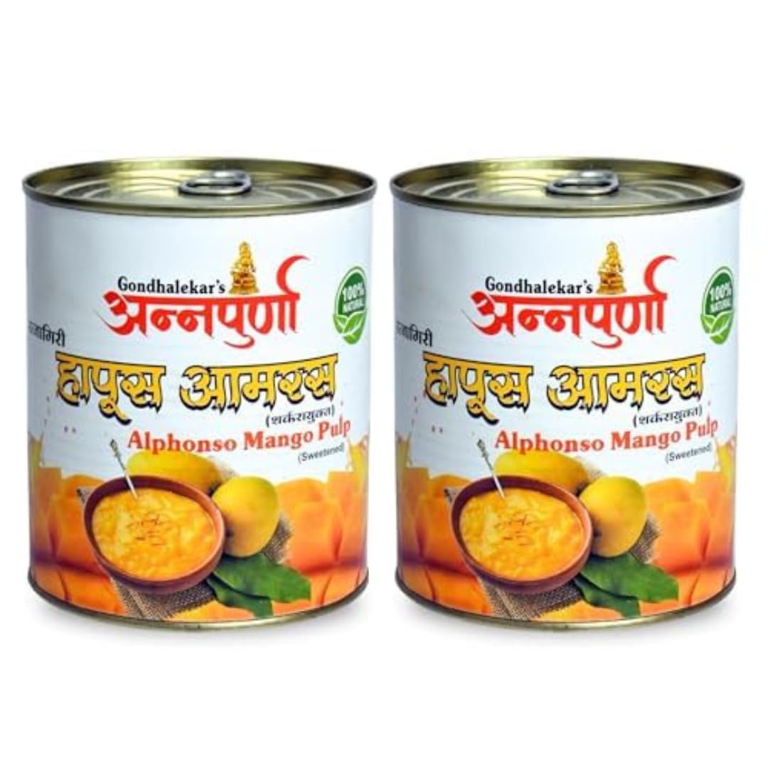 Gondhalekar's Pure Alphonso Mango Pulp (Pack of 2-850 gms Each) | Natural & Authentic Ratnagiri Alphonso Mangoes | Rich