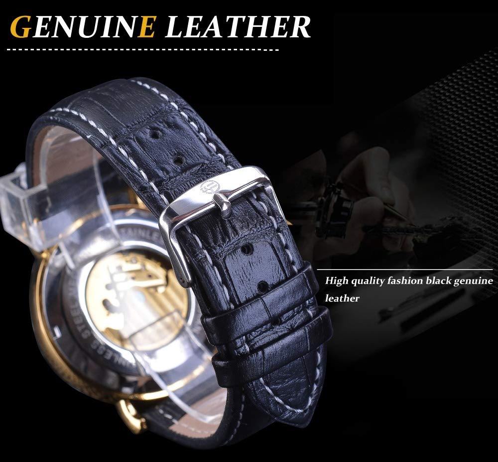 FORSINING Herren Analog Automatik Uhr Vintage AM/PM Sonne Mond Skeleton mit Kalbsleder aus Leder Armband