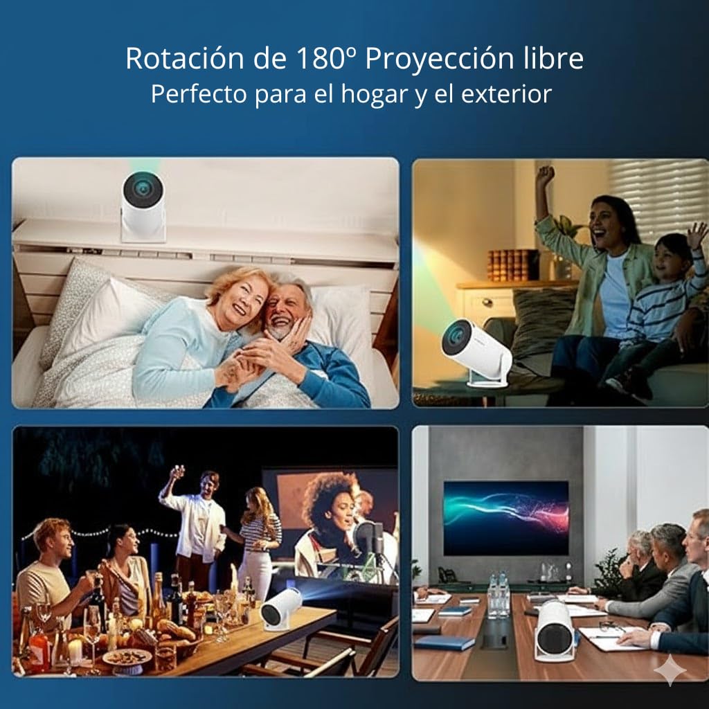 Proyector Portátil, Mini Proyector Full HD 1080P con Android 14, WiFi 6, Bluetooth 5.0, Rotación 180°, Cine en Casa, Apps Store (Netflix, Youtube) 2 + 16GB, TV Stick/HDMI/USB