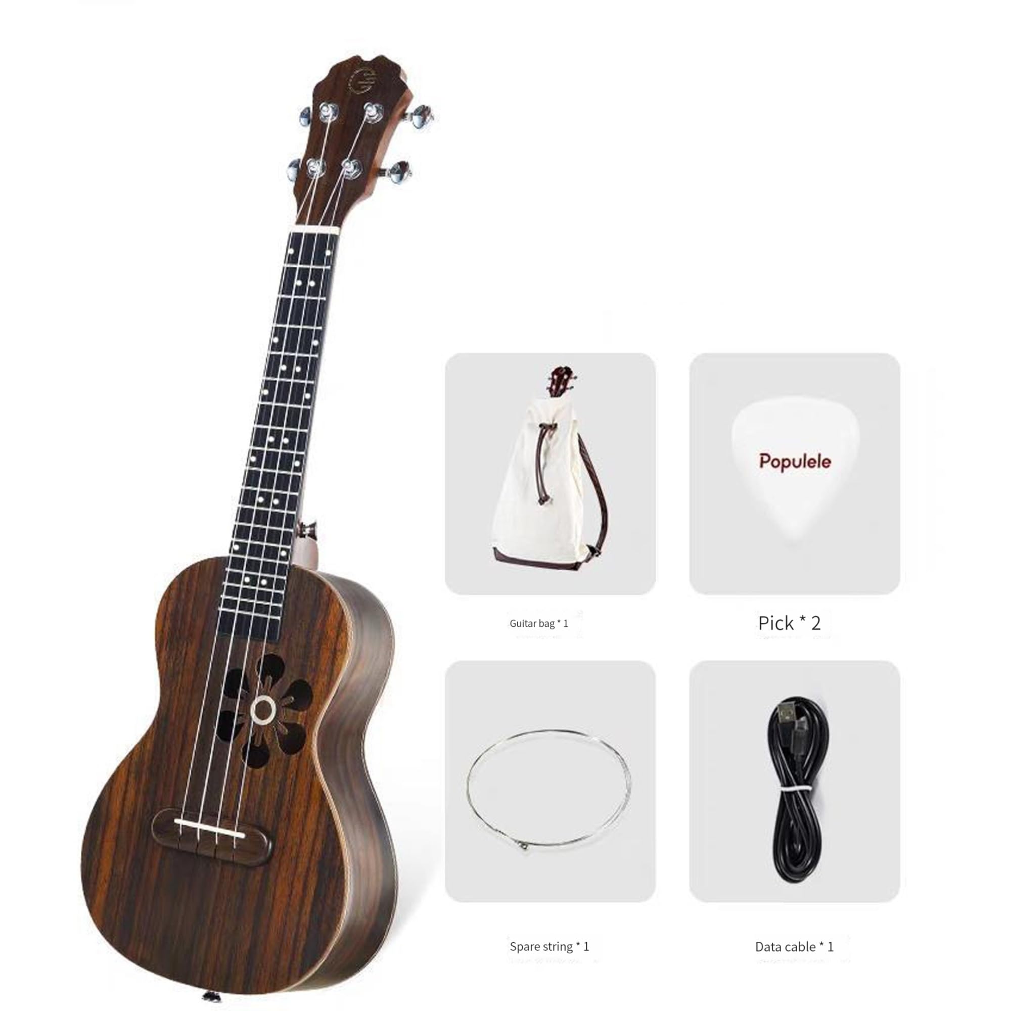 Inteligentne 4-strunowe ukulele, drewno różane, wzór pustych płatków, dedykowana aplikacja, połączenie Bluetooth, prezent dla początkujących, 23-calowy instrument, torba na prezenty