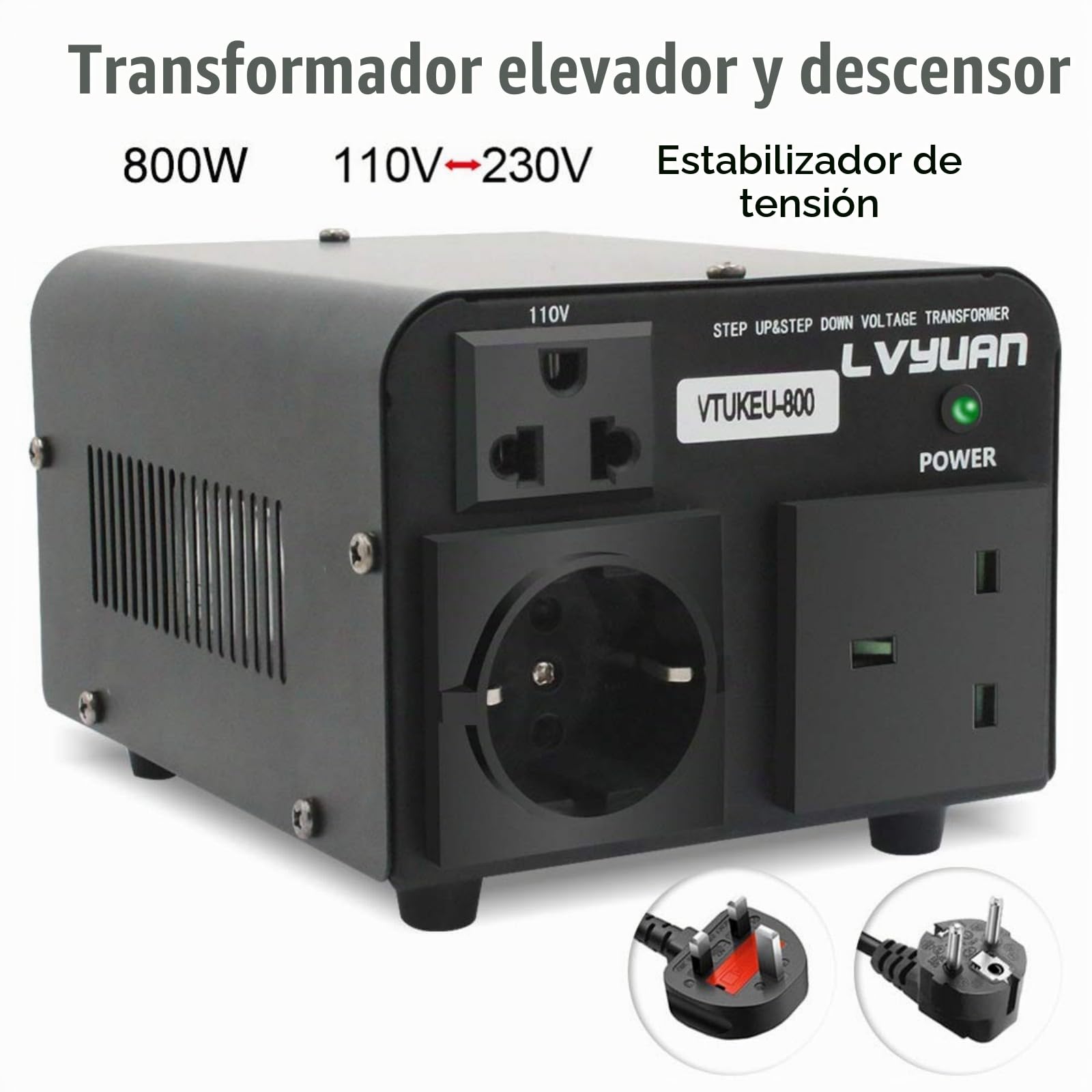Cantonape 800VA Convertidor de voltaje 220V / 110V - Transformador Elevador/Reductor de Voltaje de 800W EE.UU, Salida 110/120Voltios 220/230Voltios CA