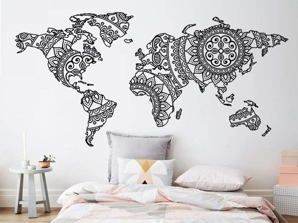 IDECORATE World Map Wall Sticker,World Map Wall Sticker Bedroom Decor Yoga Wall Vinyl Art Pattern Wall Decal Modern Boho Style Home Decor Mural 113X56 Cm
