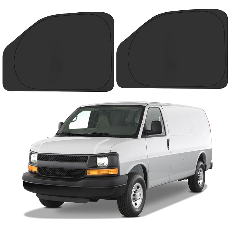 Protetor solar dobrável para janela lateral dianteira Chevrolet Express 1996–2025 ULROLIT, prata e preto, kit com 2 peças