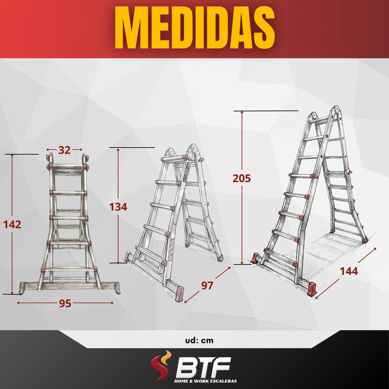 Escalera Telescópica de Aluminio Articulada 4x5 Peldaños | BTF Escalera Extensible Plegable Multiposición hasta 4,7m, Tijera 2,3m, Carga 150kg, Norma EN131