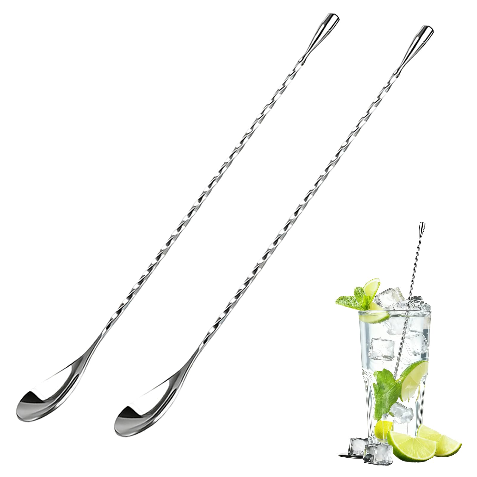 2Pcs Bar Spoon Stainless Steel Cocktail Stirrers 11.8In Mixing Long Spoon Spiral Design Bar Spoon with Weighted Handle Easy-to-Clean in Bars Office Home for Cocktails Drinks Coffee