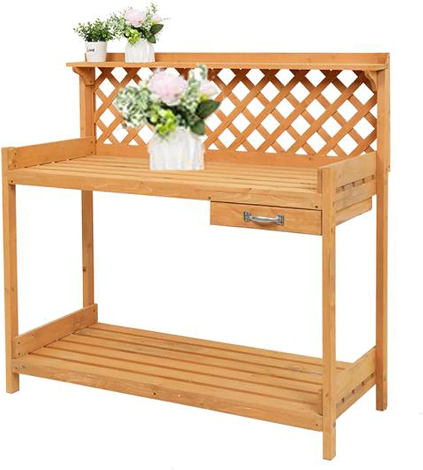Garden Potting Bench Table Wooden Outdoor Potters Benches with Drawer, Open Shelves, Hooks, Gardening Workbench for Outside Lawn Patio Yard