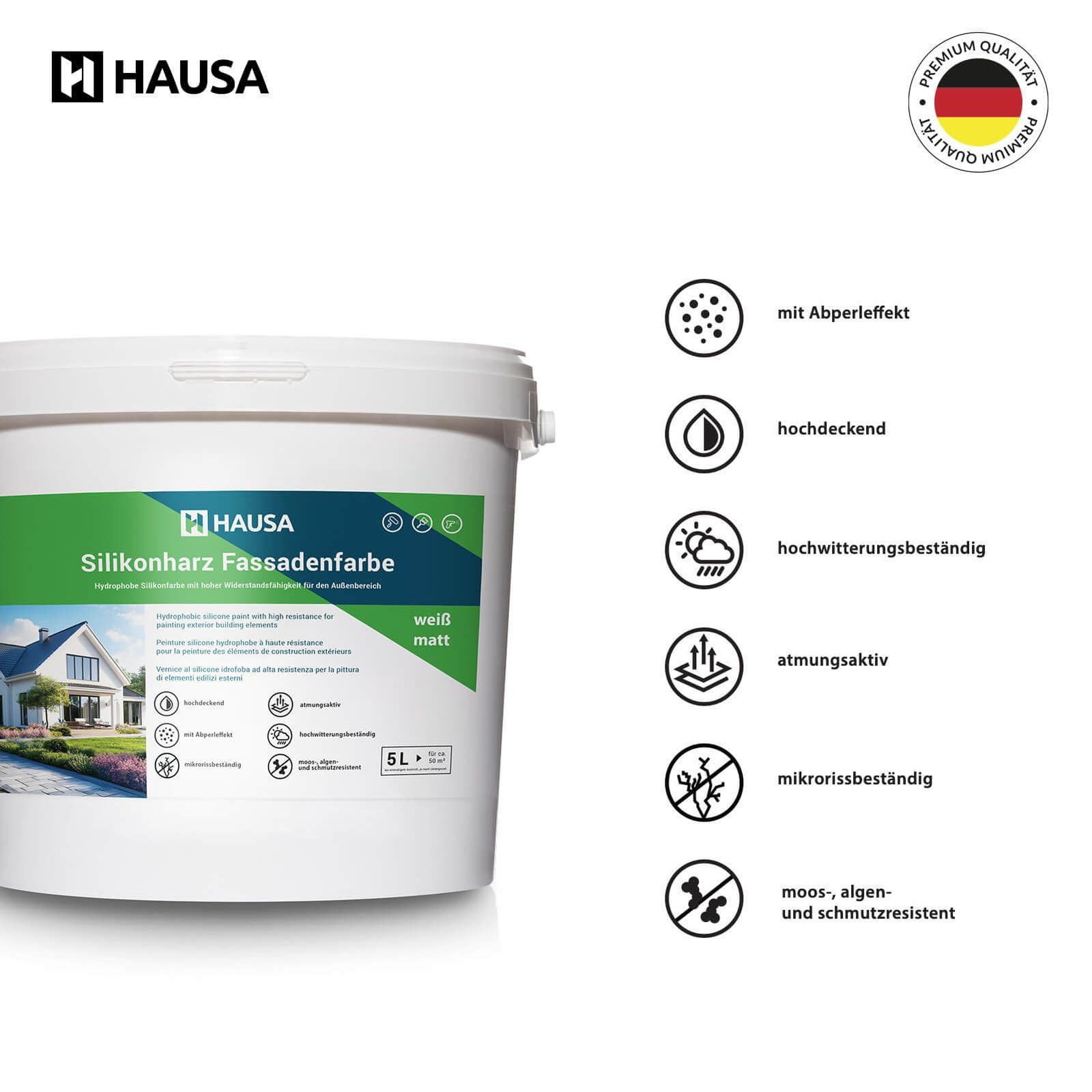 Hausa Fassadenfarbe weiß matt 5L Silikonharz Fassaden Farbe hochdeckende hydrophobe Außenfarbe mit Abperleffekt für alle Außenputze, Beton, Zement, Mauerwerk, Ziegel, witterungsbeständig atmungsaktiv