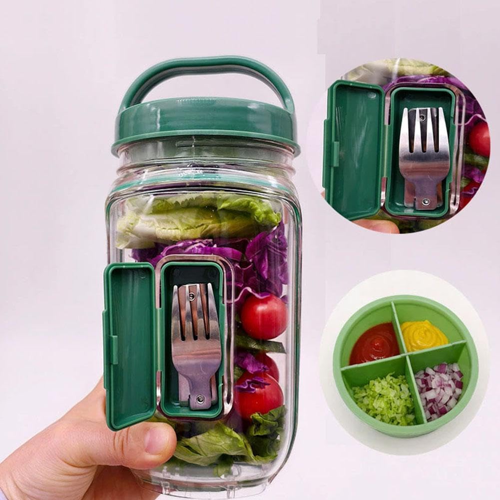 Słoik na sałatkę z widelcem, szczelny i trwały, przenośny, do przygotowywania posiłków, lunchu, biura, podróży, do użytku na zewnątrz, zawiera boczny otwór i warstwę przyprawową