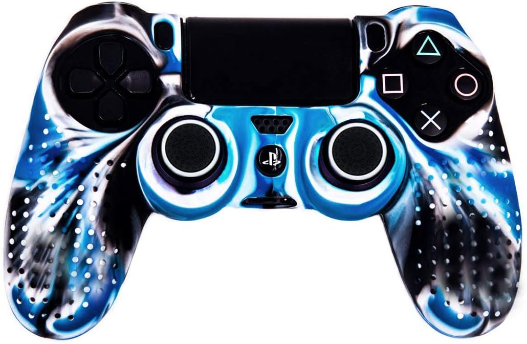Taifond Anti-Slip Silicone Controller Cover Protective Skins for PS4/SLIM/PRO Controller with 4 Thumb Grip Caps (White&Blue)