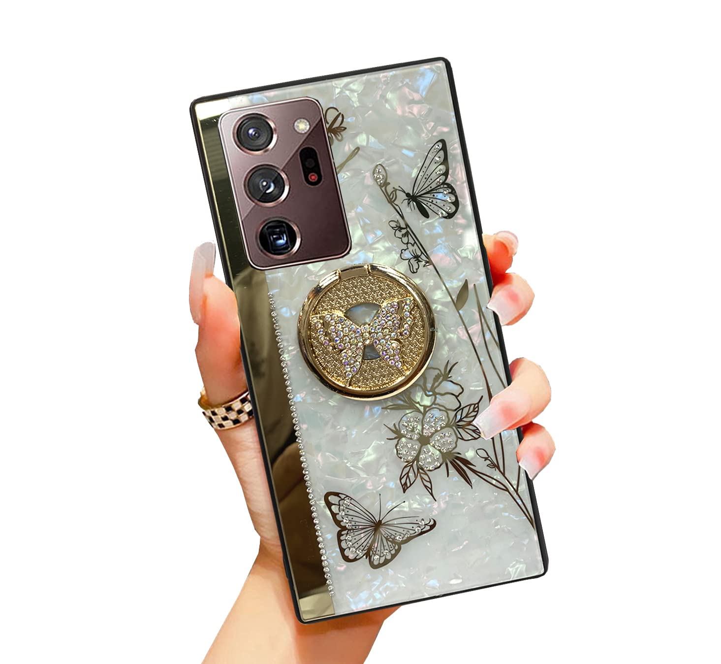 SupShop Note20 for Samsung Galaxy Note 20 5G Case for Women Girl Design with Ring Kickstand,Fashion Cute Bling Diamond Rhinestone Glitter Butterfly Marble Mirror Phone Cover,White