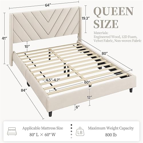 Miniatura 2 de Yaheetech Base de cama tapizada, diseño lateral de ala, soporte de listones de madera, cabecera capitoné, base de colchónno necesita somier, cama