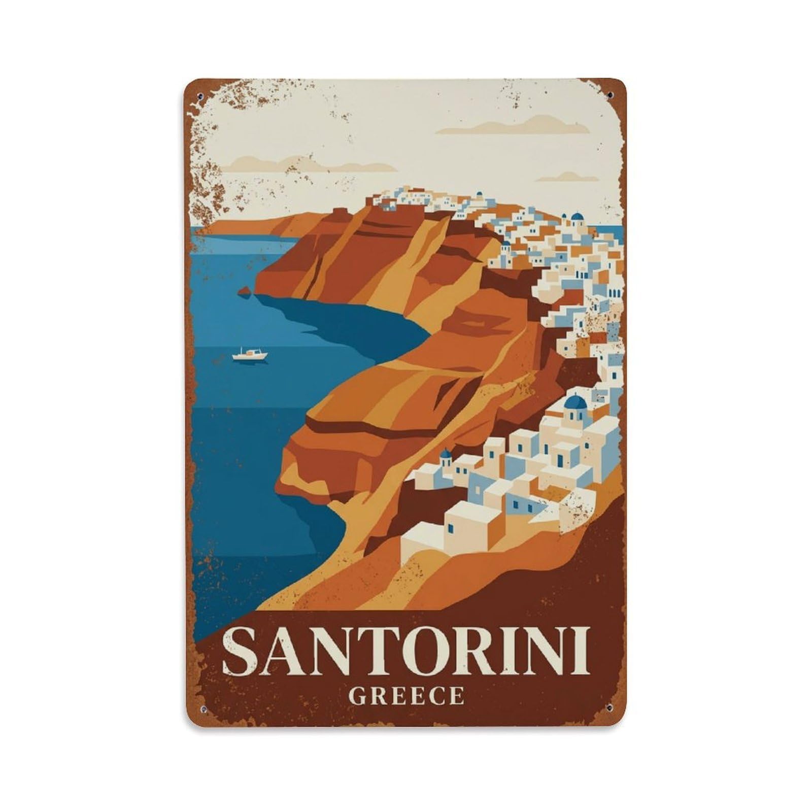 Fyrn Style Metal Tin Sign Vintage Travel Santorini Greece Caldera