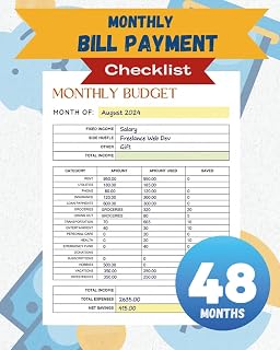 Monthly Bill Payment Checklist: A Complete 4 Years Bill Tracker Notebook for Families & Business Budget Planners (8''X10'') 816 Billing Records Included