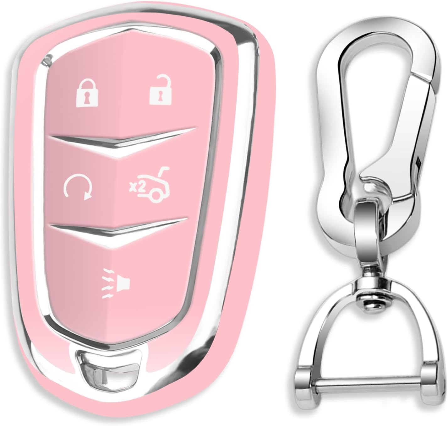 QBUC for Cadillac Key Fob Cover with Keychain Chrome Trim Soft TPU Protection Case Compatible with 2015-2019 Cadillac Escalade ATS CTS CT6 XTS XT5 SRX 5-Buttons(Pink)