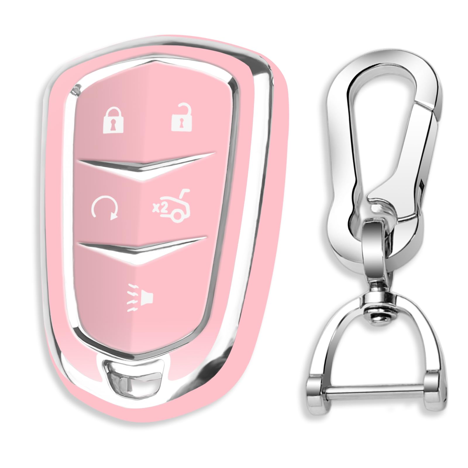 QBUC for Cadillac Key Fob Cover with Keychain Chrome Silver Trim Soft TPU Protection Case Compatible with 2015-2019 Cadillac Escalade ATS CTS CT6 XTS XT5 SRX 5-Buttons(Pink)
