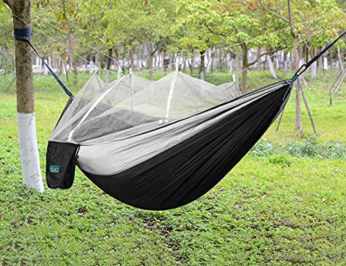 Esup Double Camping Hammock With Mosquito Net -Lightweight Nylon Portable Hammock, Best Parachute Hammock With Tree Straps For Backpacking, Camping, Travel (Black/Gray) #TOP4
