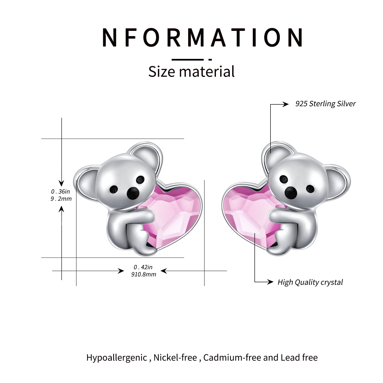 Pendientes Koala para niña, plata de ley 925, piedra natal para mujer, hipoalergénicos, koala, oso, animales, joyas de cumpleaños y regalos de Navidad