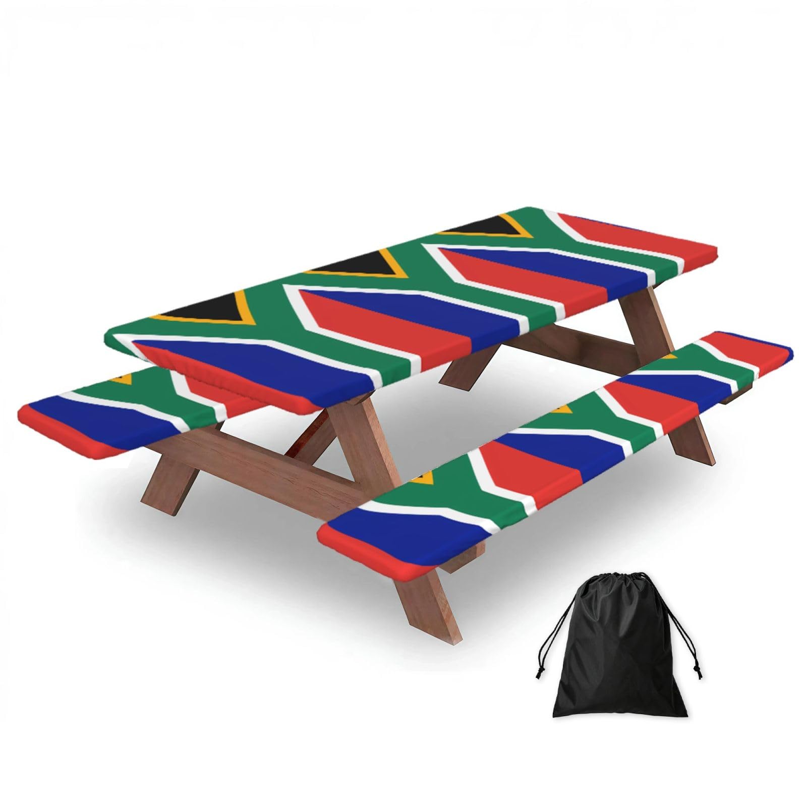 Hhbiuuo Black 72In Camping Table Cover & Bench Covers 3-Pack Set, South Africa Flag Print Tablecloths, For Rectangle Tables Picnic