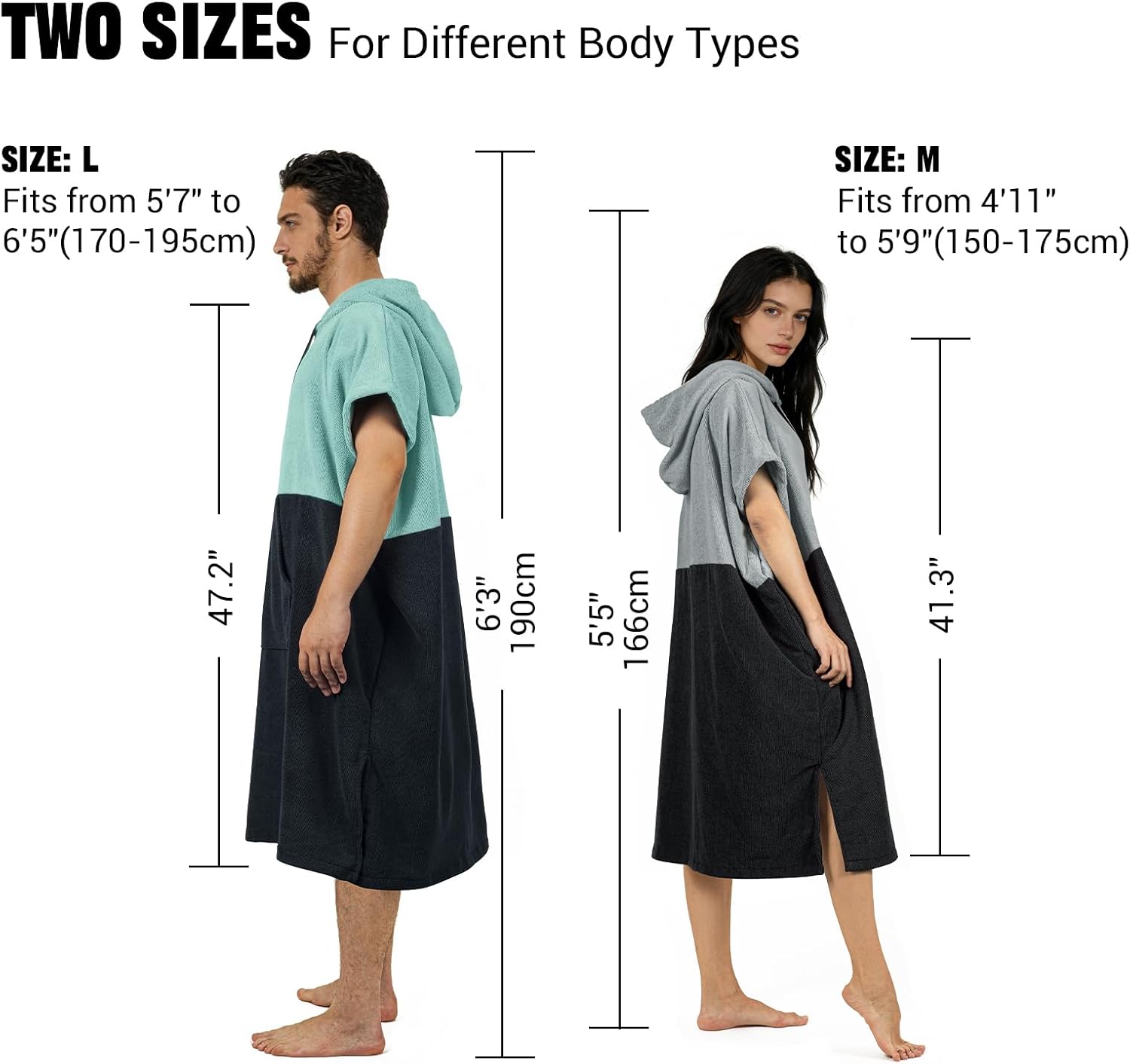 Vulken Surf Poncho Changing Robe Extra Large Thick Towel Poncho for Men Women with Hood Pocket for Beach Swimming, 47‘’x37‘’, Black Teal