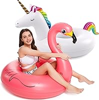 Jasonwell Inflatable Unicorn & Flamingo Pool Floats 2 Pack - Adult Size Swim Rings for Pool Lake Beach Party Kids Adults