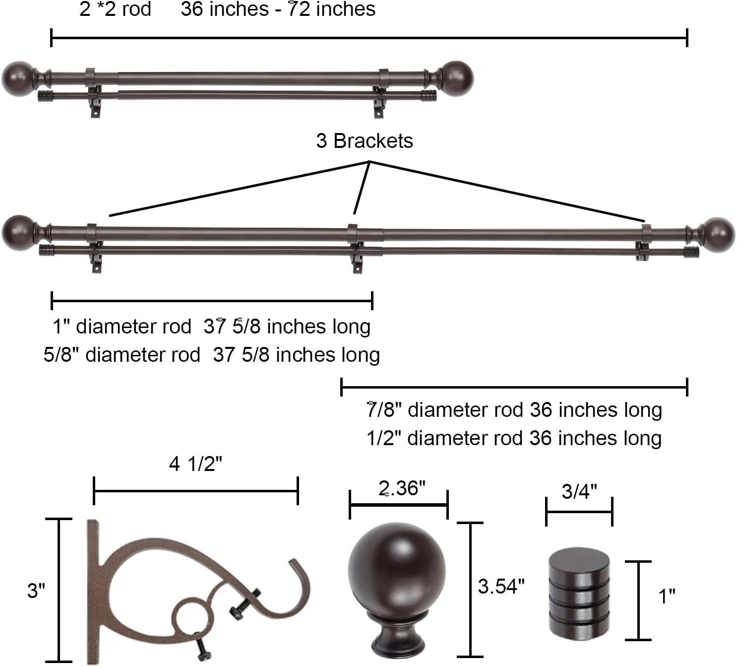 Kemmie 1" Classic Window Curtain Rod with Round & Barrel Finials Simple Double Telescoping Drapery Rod, 36-72", Bronze