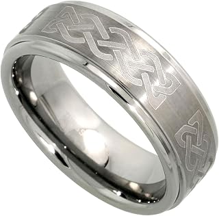 Tungsten Carbide 8 mm Flat Wedding Band Ring Etched Celtic Knot Pattern Satin Finish Recessed Edges sizes 7 to 14