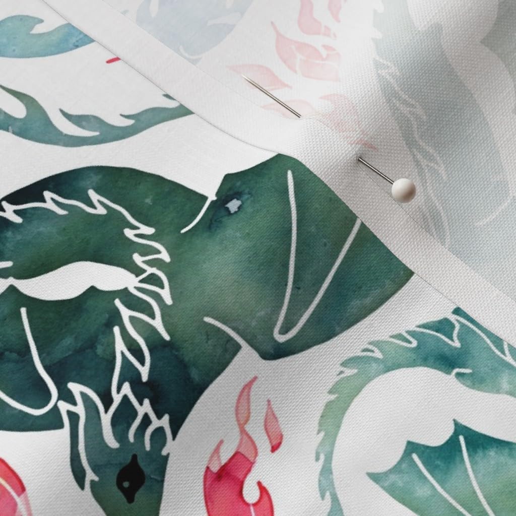 Spoonflower Fabric - Watercolor Dragon Mystical Fantasy Flying Dragons Sea Green Fire Printed on Petal Signature Cotton Fabric by The Yard - Sewing Quilting Apparel Crafts Decor