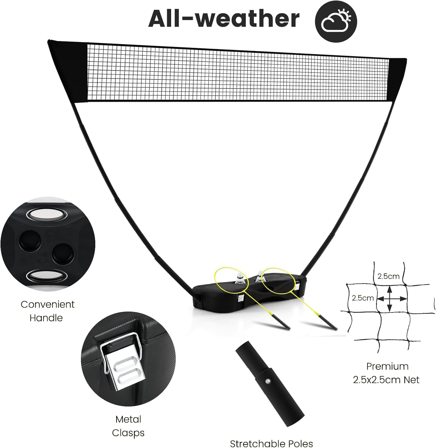 Tragbares Badminton-Set, Faltbares Badmintonnetz | Mit Freistehendem Ständer, 2 Badmintonschlägern, 2 Federbällen, Für Indoor- Und Outdoor-Spiele Black 270 X 33.5 X 160 cm