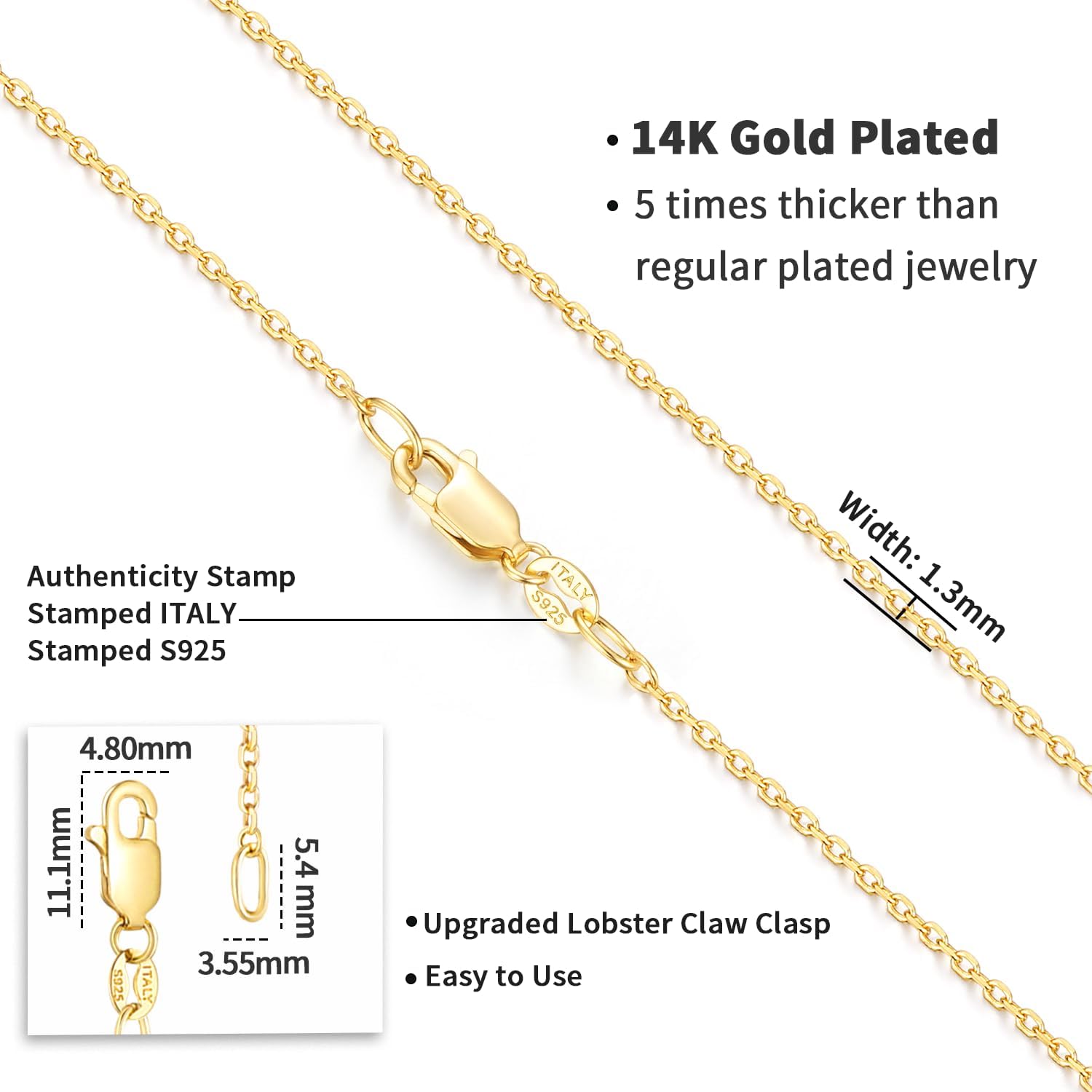 Jewlpire 14K Plated Gold 925 Sterling Silver Chain Necklace for Women, 1.1mm 1.3mm Cable Chain Necklace Comfortable Women's Chain Necklaces 14 16 18 20 22 24 26 Inch