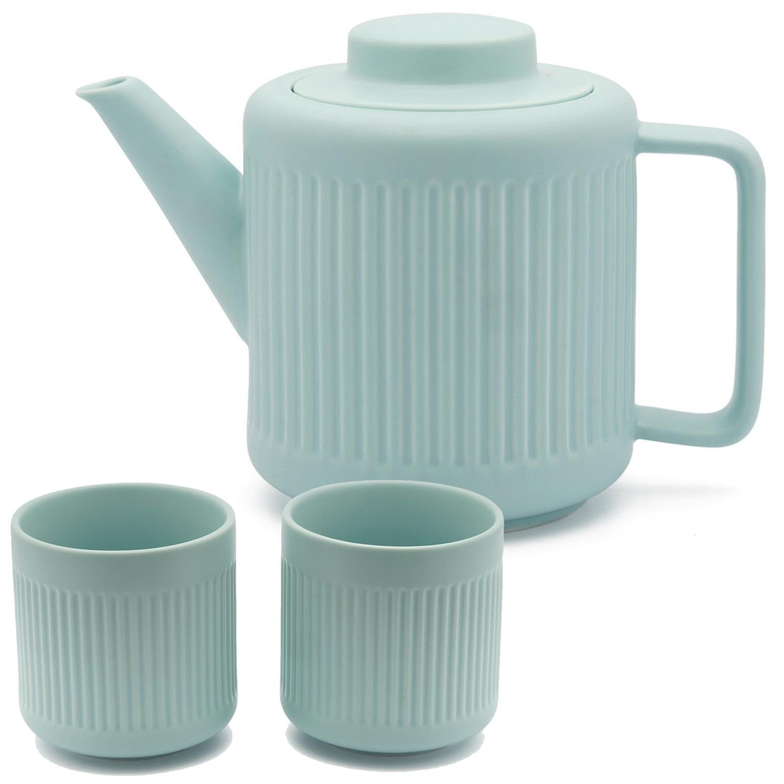 Bredemeijer Teekanne Set 1.2 Liter blaues Porzellan mit Edelstahl Tee-Filter Sieb-Einsatz für losen Tee & Teebecher 2 Stück - ideal für duftende & blumige Teesorten