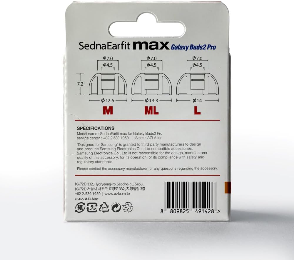 AZLA SednaEarfit MAX for Galaxy Buds 2 Pro (M/ML/L), Earbud Tips for Wireless Headphones, Noise Canceling Earbuds Replacement Tips, Samsung-Certified Eartips for Galaxy Buds 2 Pro