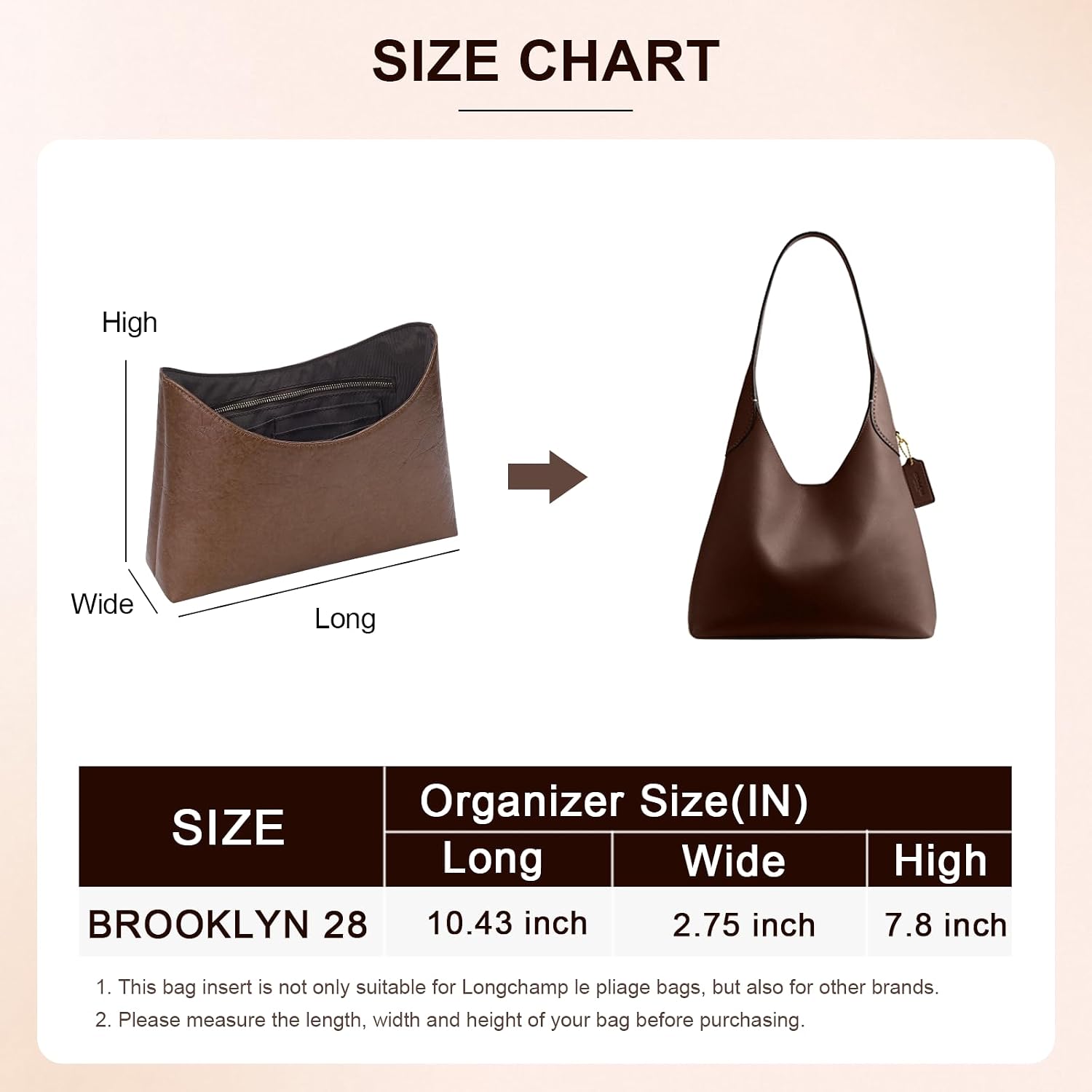 Purse Organizer Insert for Brooklyn 28 Tote, Organizer in Dupont Paper with Card Slots and Water Bottle Holder (Brown)