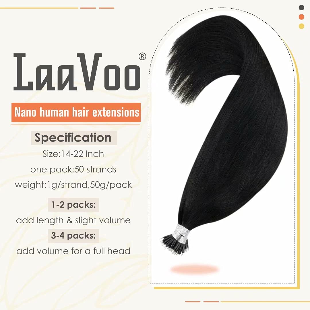 LaaVoo Nano Hair Extensions Real Human Hair Black Nano Beads Hair Extensions 24 Inch Natural Black Invisible Nano Ring Straight Remy Hair 50g 50s #1 - Image 2