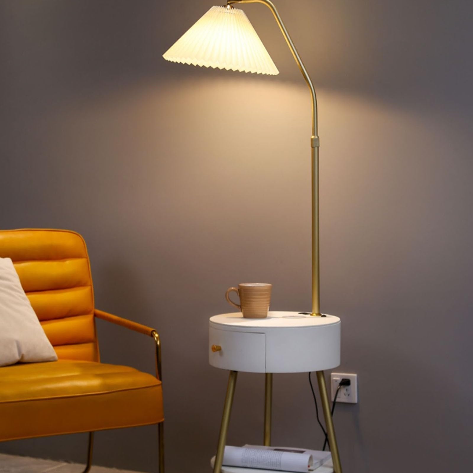 Lampy podłogowe Lampa podłogowa ze stołem, nowoczesna szafka nocna z połowy stulecia z portem ładowania USB i kloszem, stolik boczny z lampą podłogową do czytania(Biały)