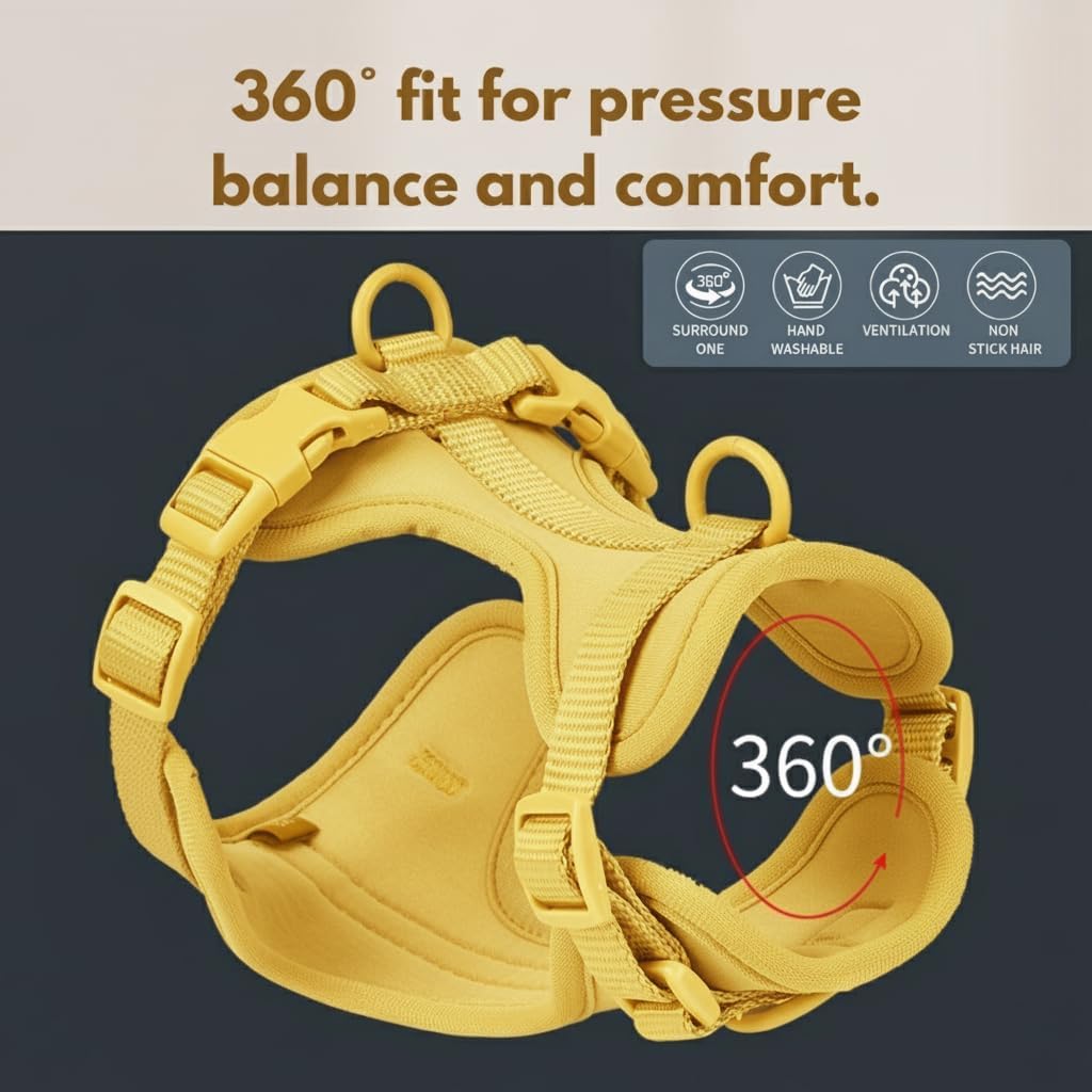 No Pull Dog Harness with 3 Leash Clips, Adjustable Vest, Easy Overhead Fit, No Choke Pet Vest, Soft Padding Chest Panel Gentle Leader for Dog Harness for Medium Dogs Yellow
