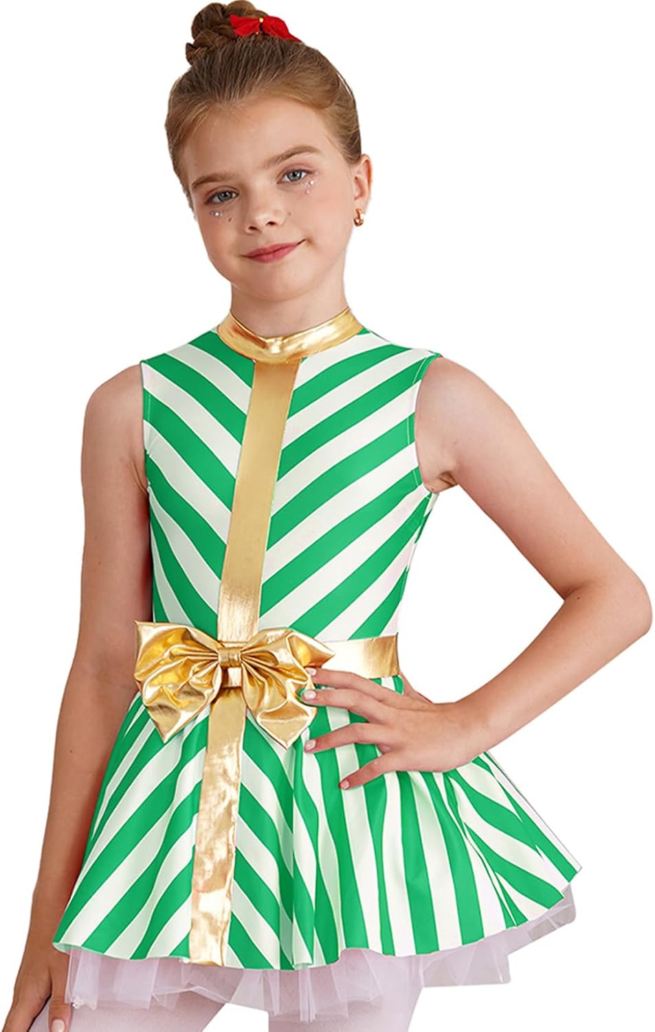 Hansber Kids Girls Christmas Dance Dress Candy Cane Striped Ballet Dance Performance Costume Figure Ice Skating Dress