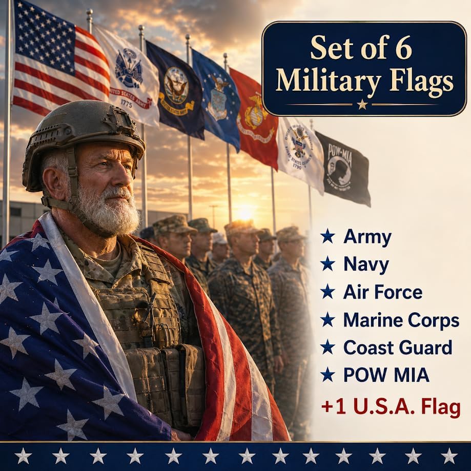 3x5 Feet Set of 7 USA Military Themed Flags with 2 Brass Grommets - Patriotic Armed Forces Banner Set for Wall Decoration - American Polyester Banner Outdoor or Indoor Wall Decor