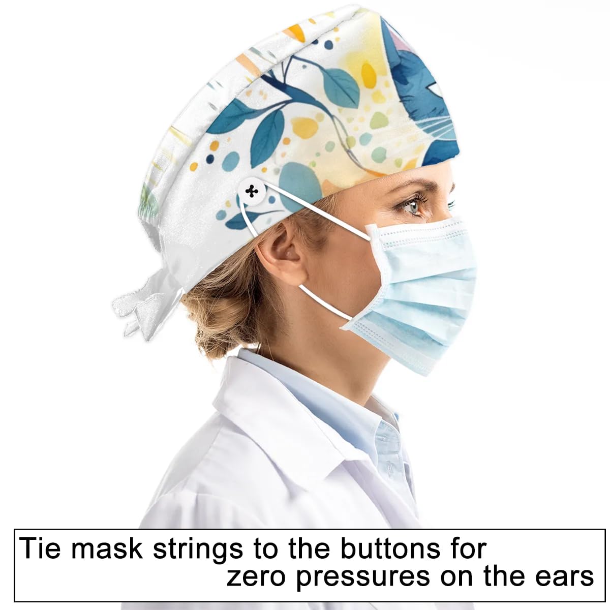 Mularoka Watercolor Cat Tree Working Caps with Button Sweatband Comfortable Adjustable Bouffant Hats Work Hat for Women Men