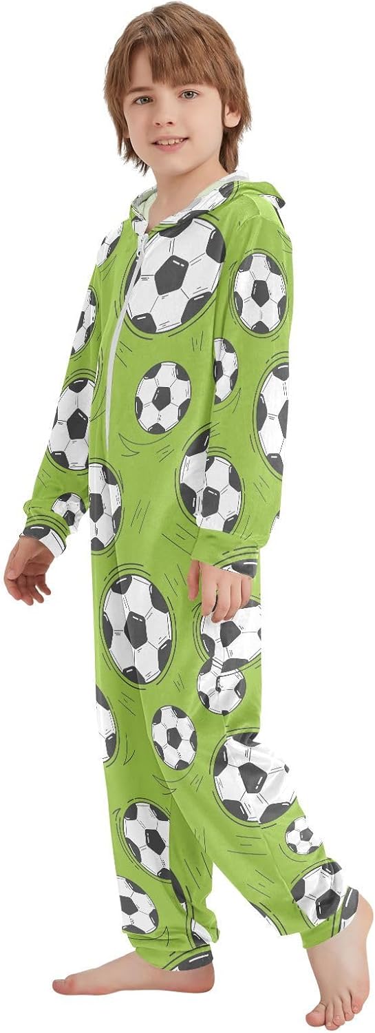 VIGTRO Onesie Jumpsuits Pajamas One-Piece Sleepwear Soccer Balls Bright Green Background Printed, Zip Up Hooded Pajamas with Pockets Size 13-14Y - Image 3