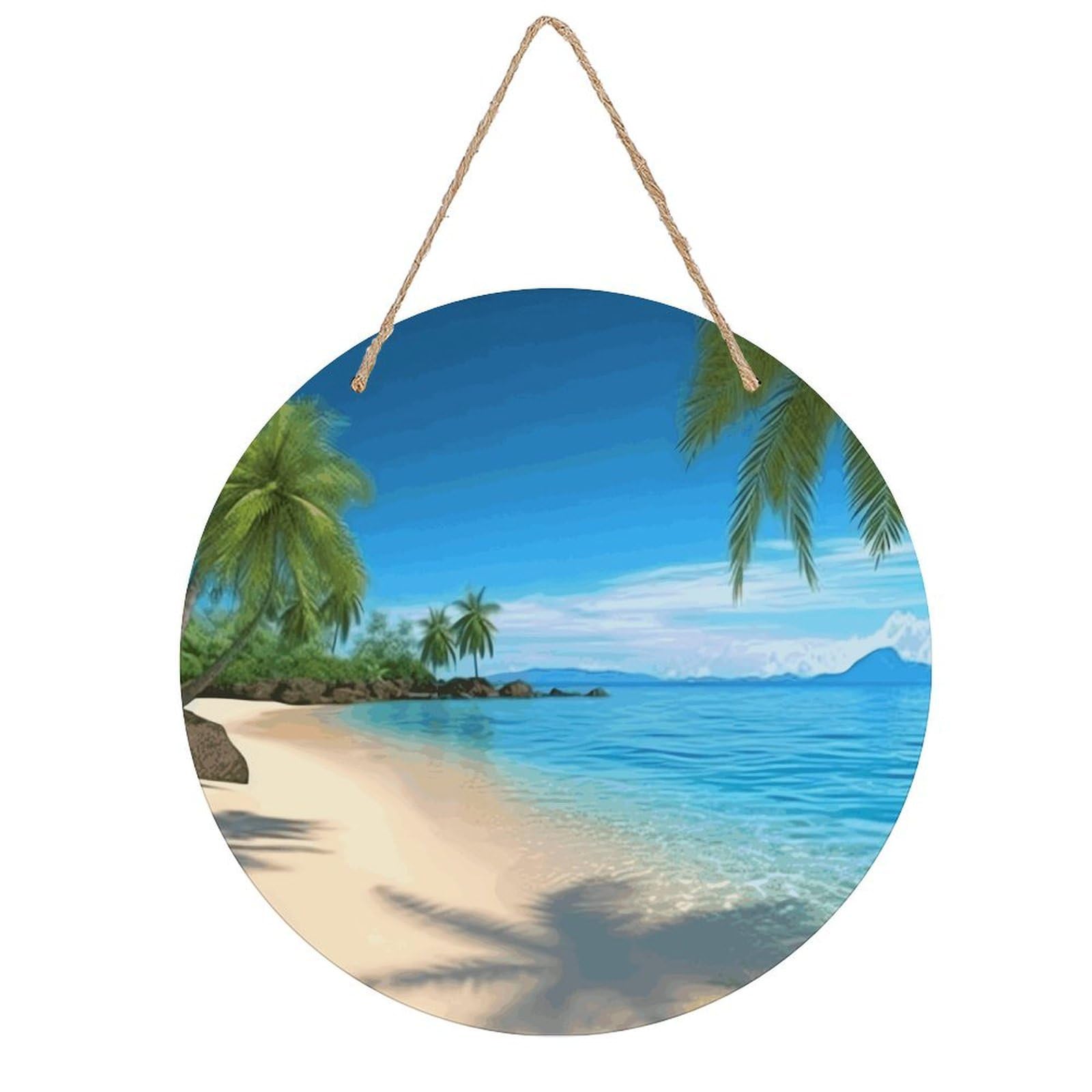 VstaDank Hawaiian Beach with Palm Trees Wall Art Decor with Ropes Wooden Hanging Sign Hanging Wall Decor Artwork Round Wood Painting Modern Wall Prints Decor Picture for Office Bar Home Decors