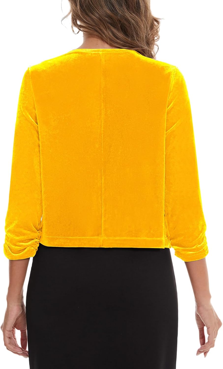 MINTLIMIT Women's Velvet Shrug Cropped Cardigan Ruched 3/4 Sleeve Open Front Cocktail Party Bolero Shrug Top for Dress - Image 5