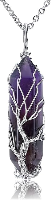 JSDDE Natural Amethyst Crystal Stone Necklace Tree of Life Silver Wrapped Quartz Gemstone Pendant Necklaces Jewelry for Women