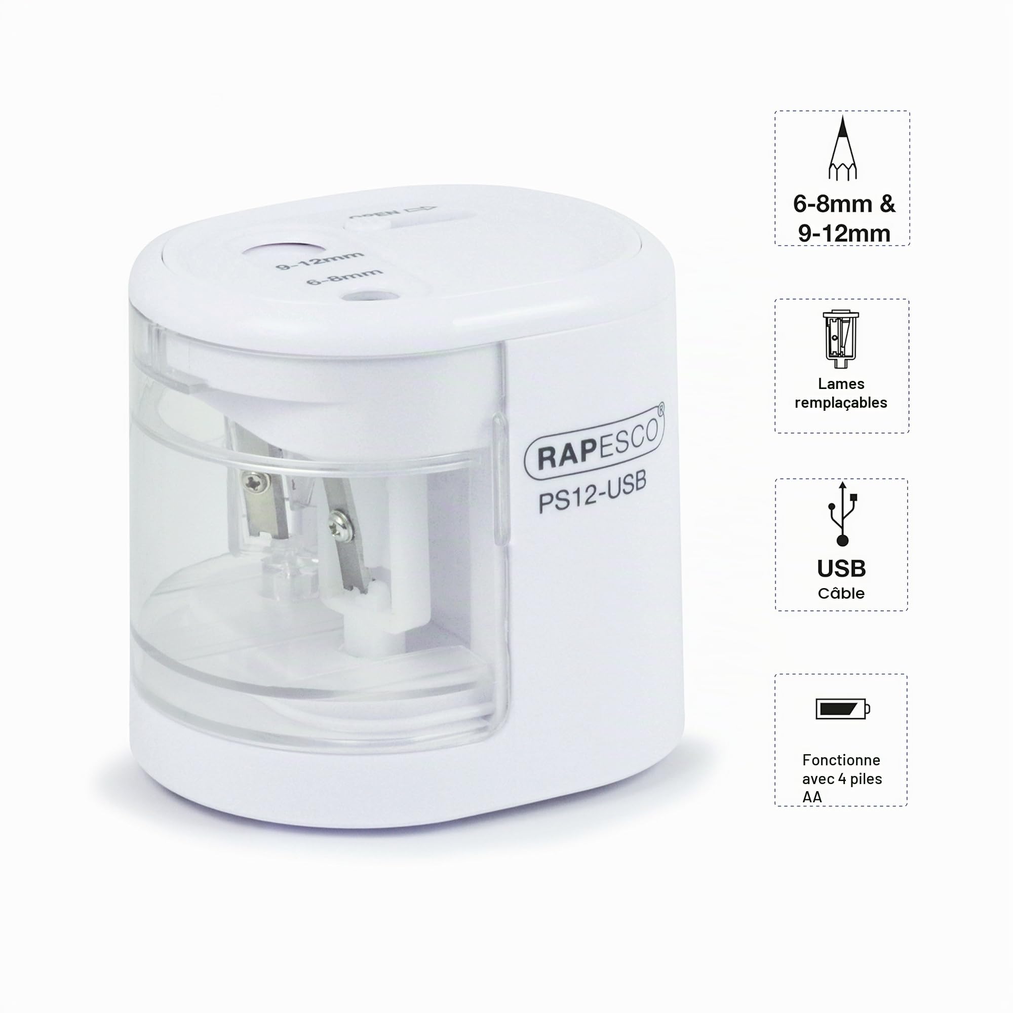 Rapesco 1448 PS12-USB Taille-Crayon Électrique Automatique, à Utiliser avec Câble USB (inclus) ou Piles (non inclus), Blanc