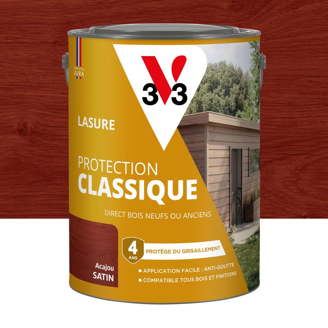 V33 Lasure Bois extérieur Acajou - Protection Classique 4 ans - Protège du grisaillement - Direct bois neufs ou anciens - Texture anti-goutte - 5L | Protège du grisaillement - Direct bois neufs ou anciens - Texture anti-goutte