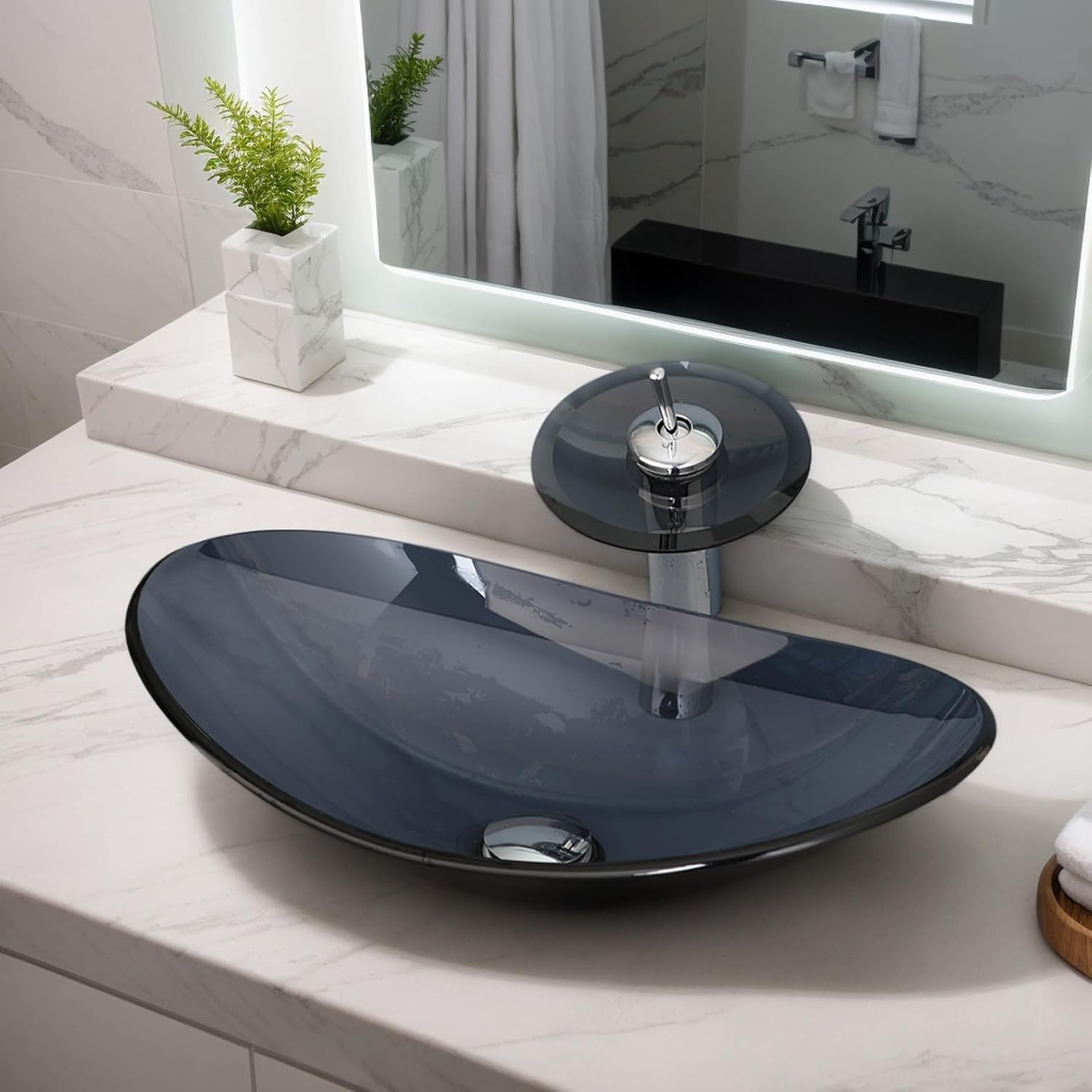 22" x 14" Oval Grey Vessel Sink Glass Sinks Bowl Above Counte, Bathroom Sink with Faucet and Drain Tempered Glass Sinks for Bathroom