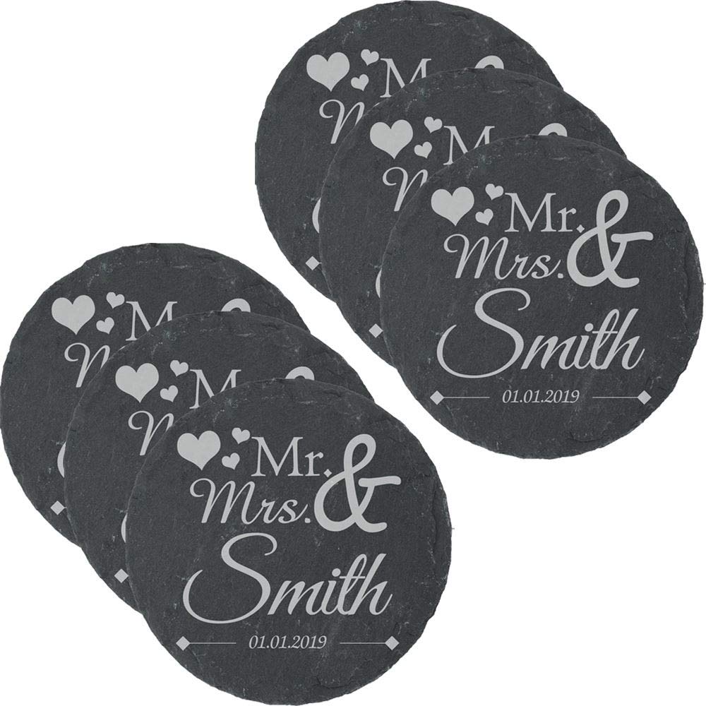 All Things Personalised Set Of 6 Personalised Engraved Round Slate Wedding Coaster Mr&Mrs With Hearts