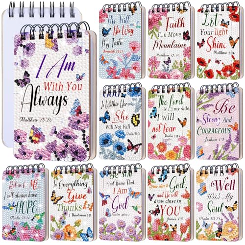 Fuyoooo 12 Pcs Floral Bible Diamond Painting Notebook DIY Cover Notebook Bible Verses Diamond Art Set Notepad 5D Christian Religious Christmas Gift Journal Art Accessories for Adult Crafts with Tool
